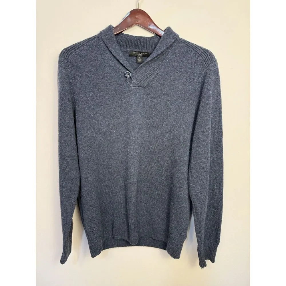 Pronto Uomo Sweater 100% Wool Gray Shawl Collar Lightweight Pullover XL Men